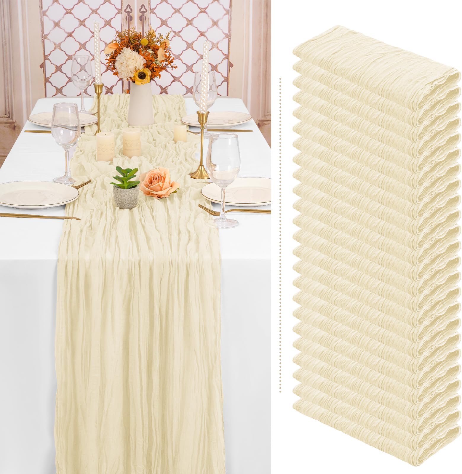 24 Pack Ivory Cheesecloth Table Runner 6Ft Boho Gauze Cheese Cloth Table Runner 35x70 Inch Long Rustic Sheer Table Decor for Wedding Bridal Shower Holiday Party