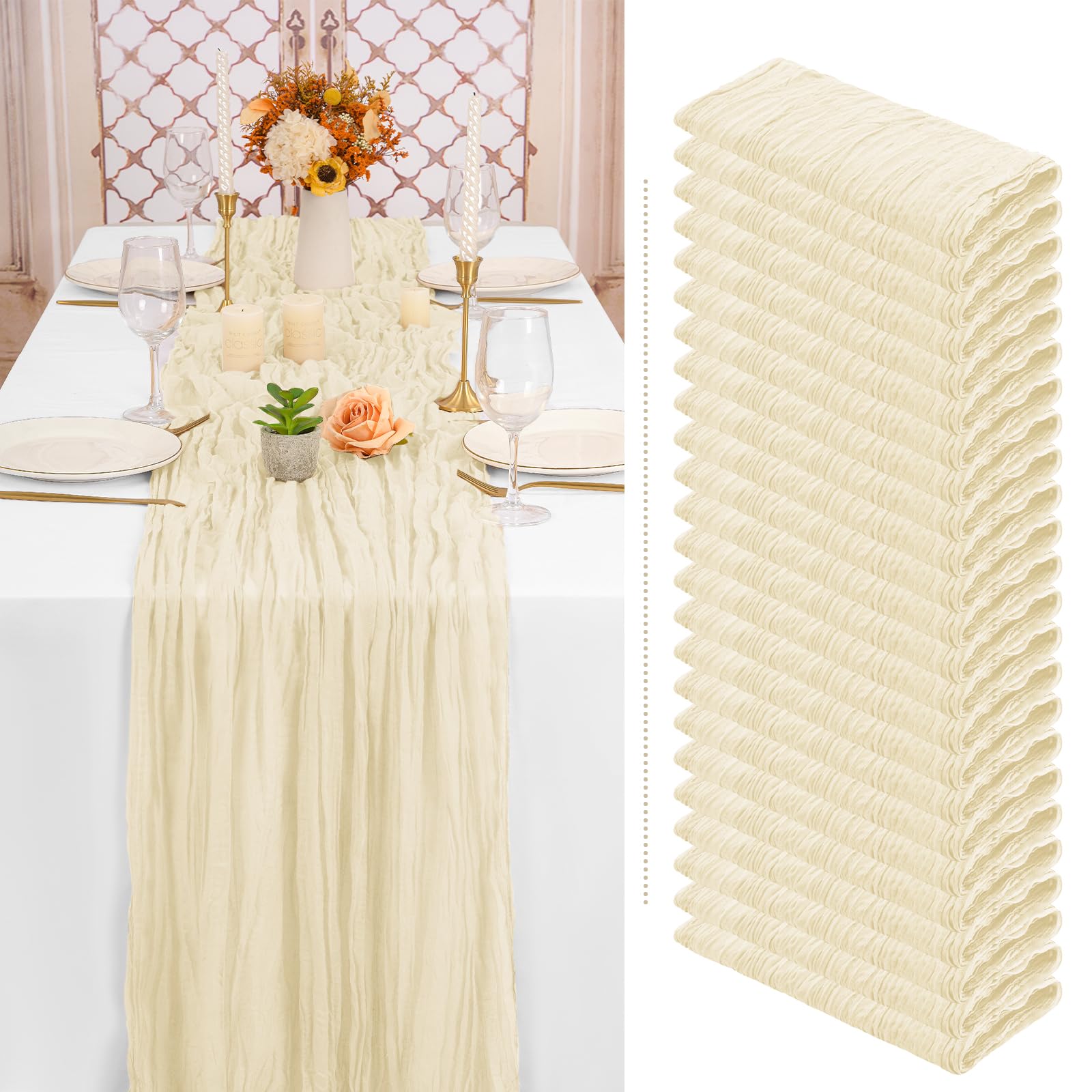 24 Pack Ivory Cheesecloth Table Runner 6Ft Boho Gauze Cheese Cloth Table Runner 35x70 Inch Long Rustic Sheer Table Decor for Wedding Bridal Shower Holiday Party