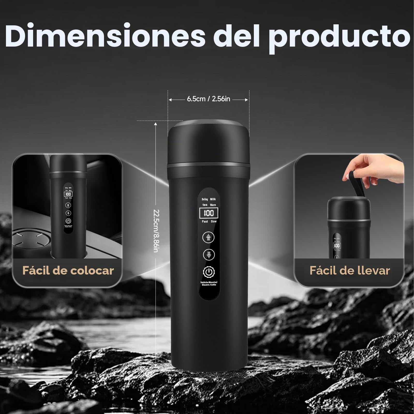 Hervidor eléctrico para coche de 12V/24V, pequeño hervidor de agua eléctrico para viajes, hervidor de agua portátil de 500ml para preparar café y té, pantalla LCD, taza calefactora para auto(Black)