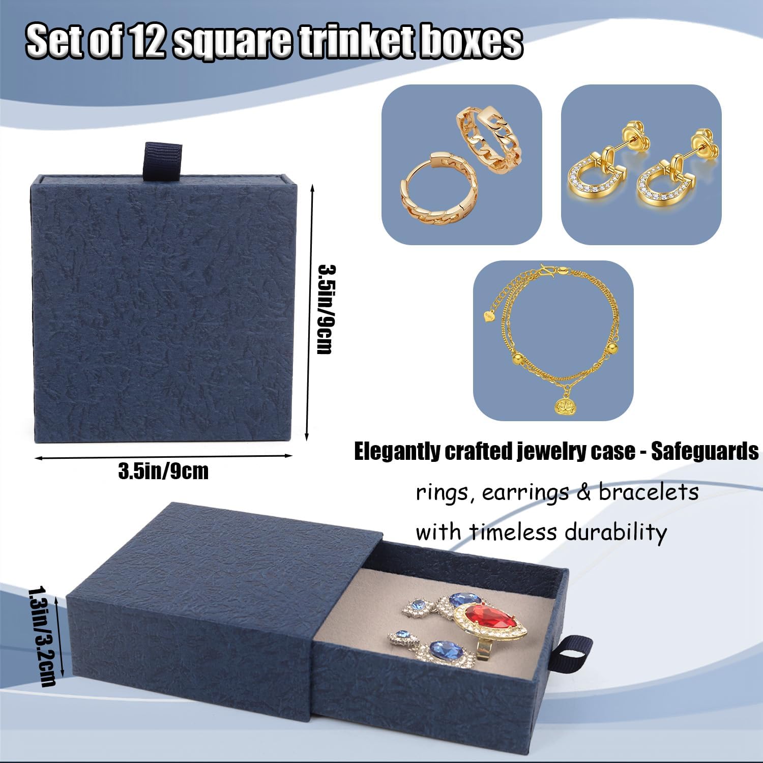 Jewelry Gift Box, 12-Pack Necklace Gift Box Drawer Jewelry Box Bangle Necklace Case For Earrings & Rings, Stylish Necklace Bracelet Organizer, 3.5 x 3.5 x 1.25 Inches (Dark Blue) - Image 2