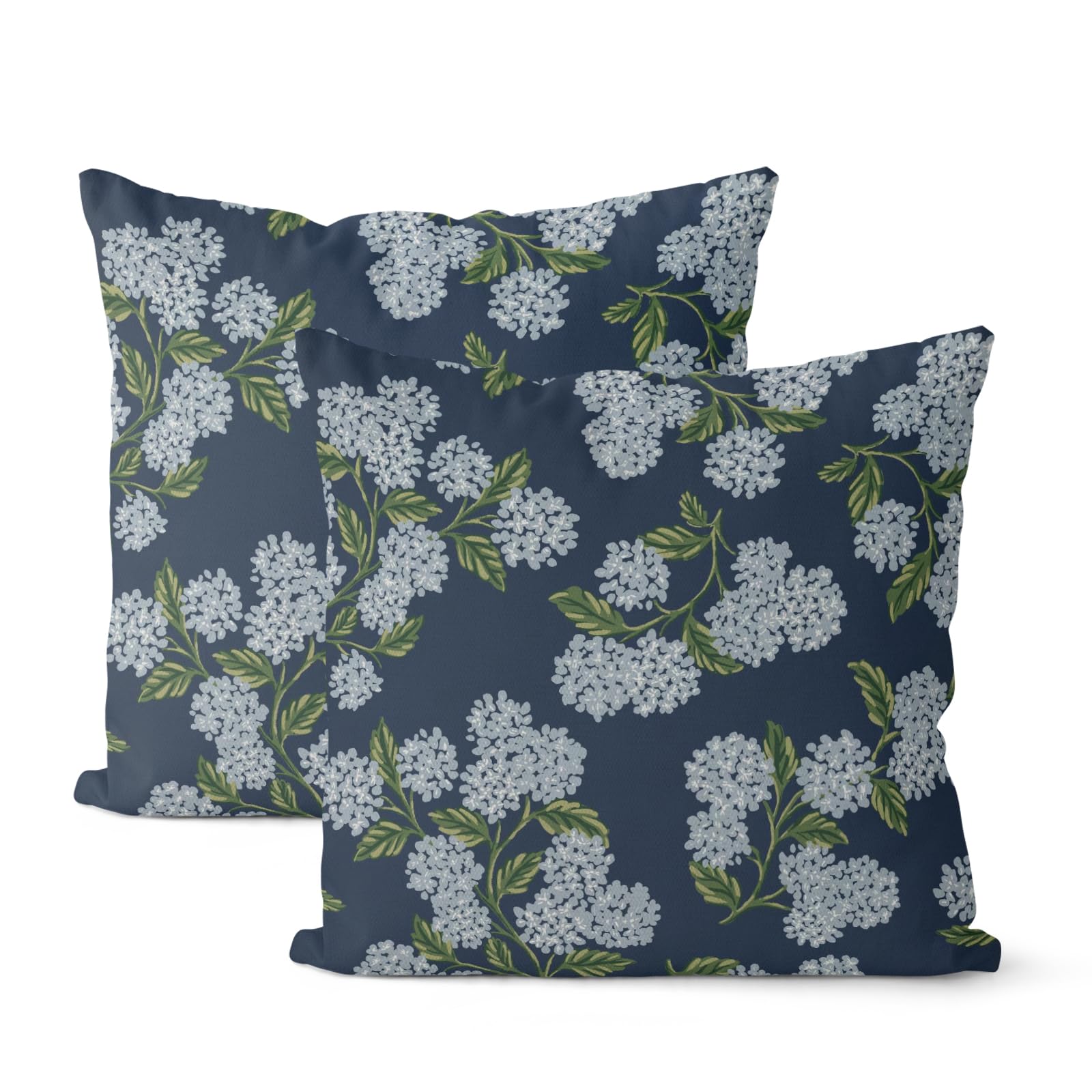 DAFENA Navy Blue Spring Pillow Covers 16x16 Inch 2 Pcs Blue Green Hydrangea Flower Decor Throw Pillows Vintage Floral Seasonal Summer Outdoor