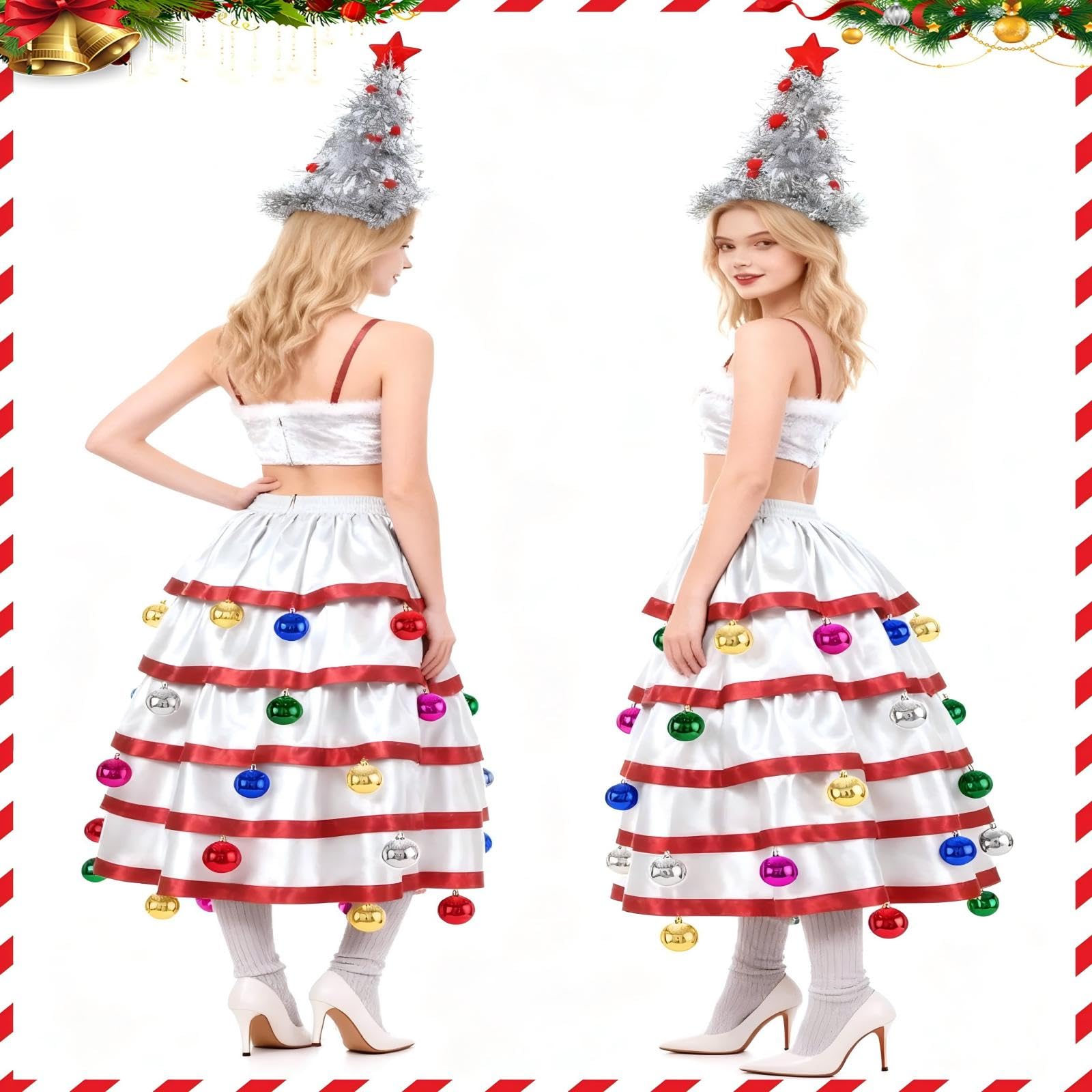 Christmas Tree Costume Set for Women Christmas Novel Outfit Xmas Skirt with Hat Accessories Set for Festive Party Dess Up