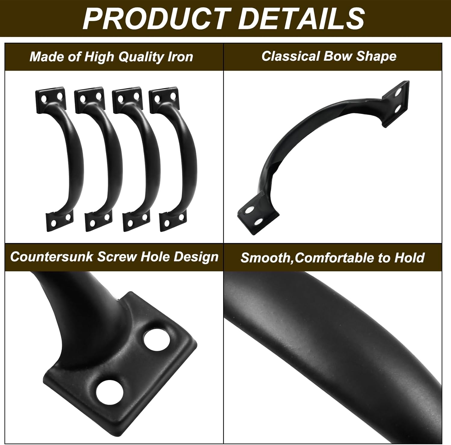 10Pcs 4” Metal Door Handles Bow Handle, Large Door Pulls Vintage barn Door Handles for Furniture Cabinets Kitchen Drawer Dresser Gate - Black