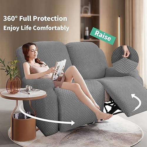 Vista 95 de YEMYHOM Funda elástica de 4 piezas para silla reclinable de jacquard con bolsillo lateral, antideslizante, ajustable, protector de muebles con parte