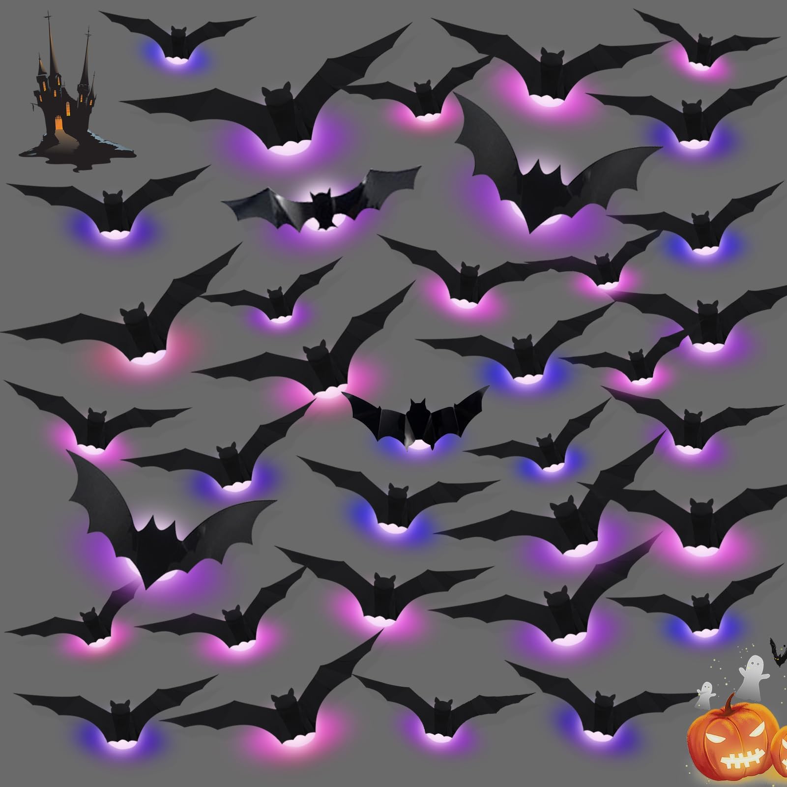 Ehoter 36Pcs Led Bats Stickers 3D Bats Wall Sticker Light Halloween Decoration Led Bats Light Wall Decor Halloween 3D Bat Wall Stickers Realistic Bat Attack Sticker For Home Window (36Pcs)