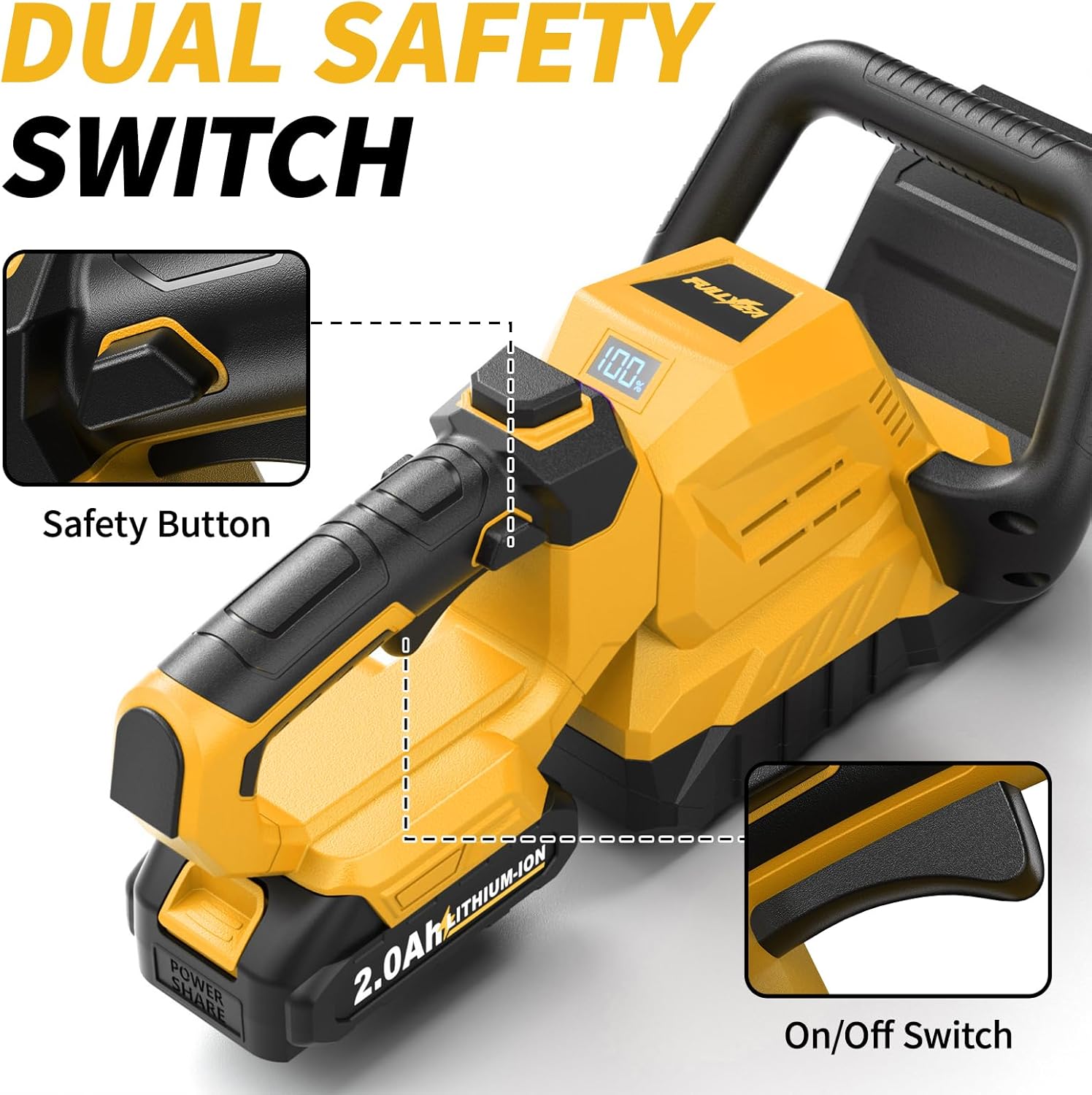 FULLYEA 20" Cordless Hedge Trimmer, Electric Shrub Trimmer with 2x2.0Ah Battery and Charger, Bush Clipper Handheld Grass Trimmer, Lightweight Hedge Cutter, Battery Powered Bush Trimmer (Yellow)