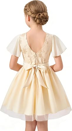 Flower Girl Tulle Tutu Dress - Floral Lace Back Formal Wedding Party Bridesmaid Communion Elegant Princess Gowns