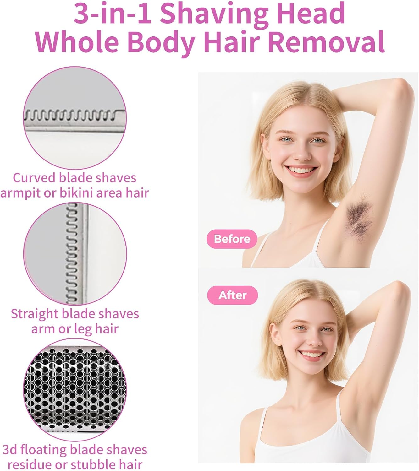 Electric Razor for Women Men : 4 in 1 Painless Ladies Wet & Dry Body Razors and Facial Hair Remover, Rechargeable Led Display Hair Removal Kit for Nose Face Body Leg Bikini Arm Hair Pink - Image 3