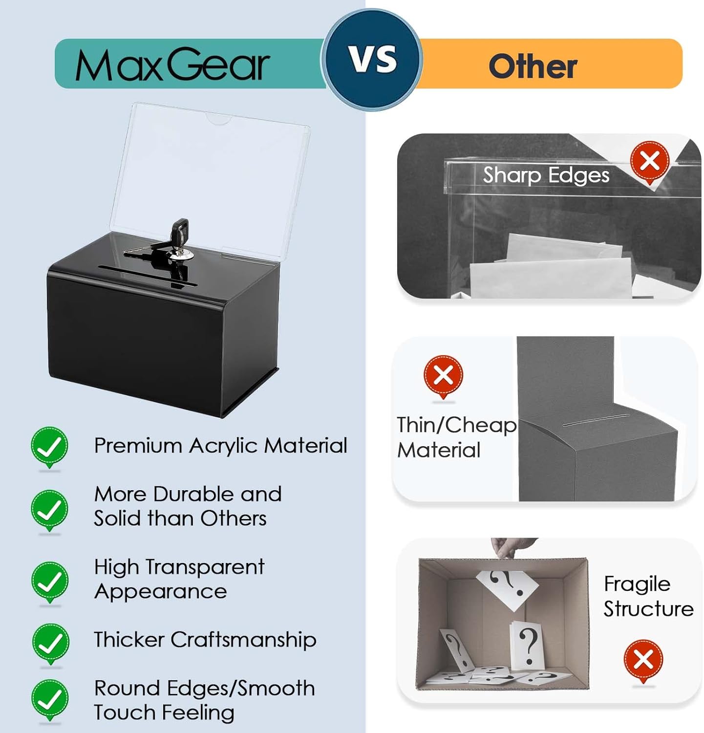 MaxGear Acrylic Donation Suggestion Box with Lock 2 Pack, Secure and Safe Tip Jars, Black Drawing Box for Business Cards 6.25" x 4.5" x 4"