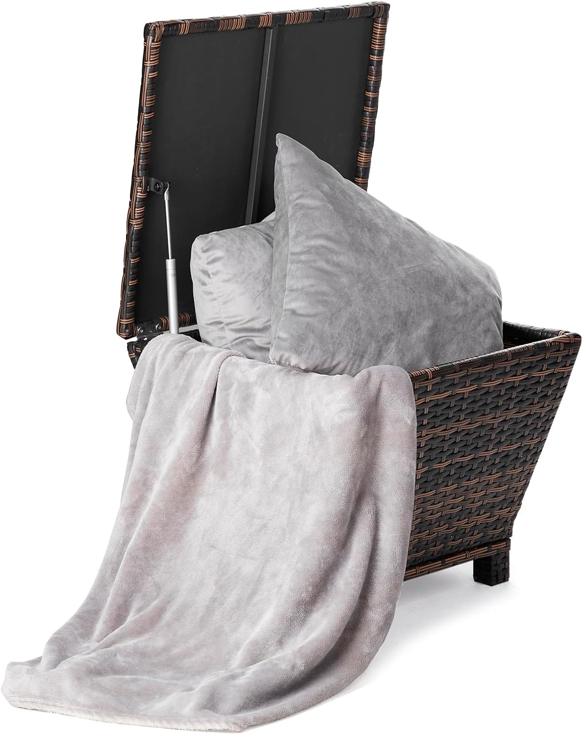 Generic Outdoor PE Wicker Side Table with Storage, Small Patio Storage Bin Container for Hose Cushion Towel, Patio Brown Side Wicker Table with Storage-Steel,Brown