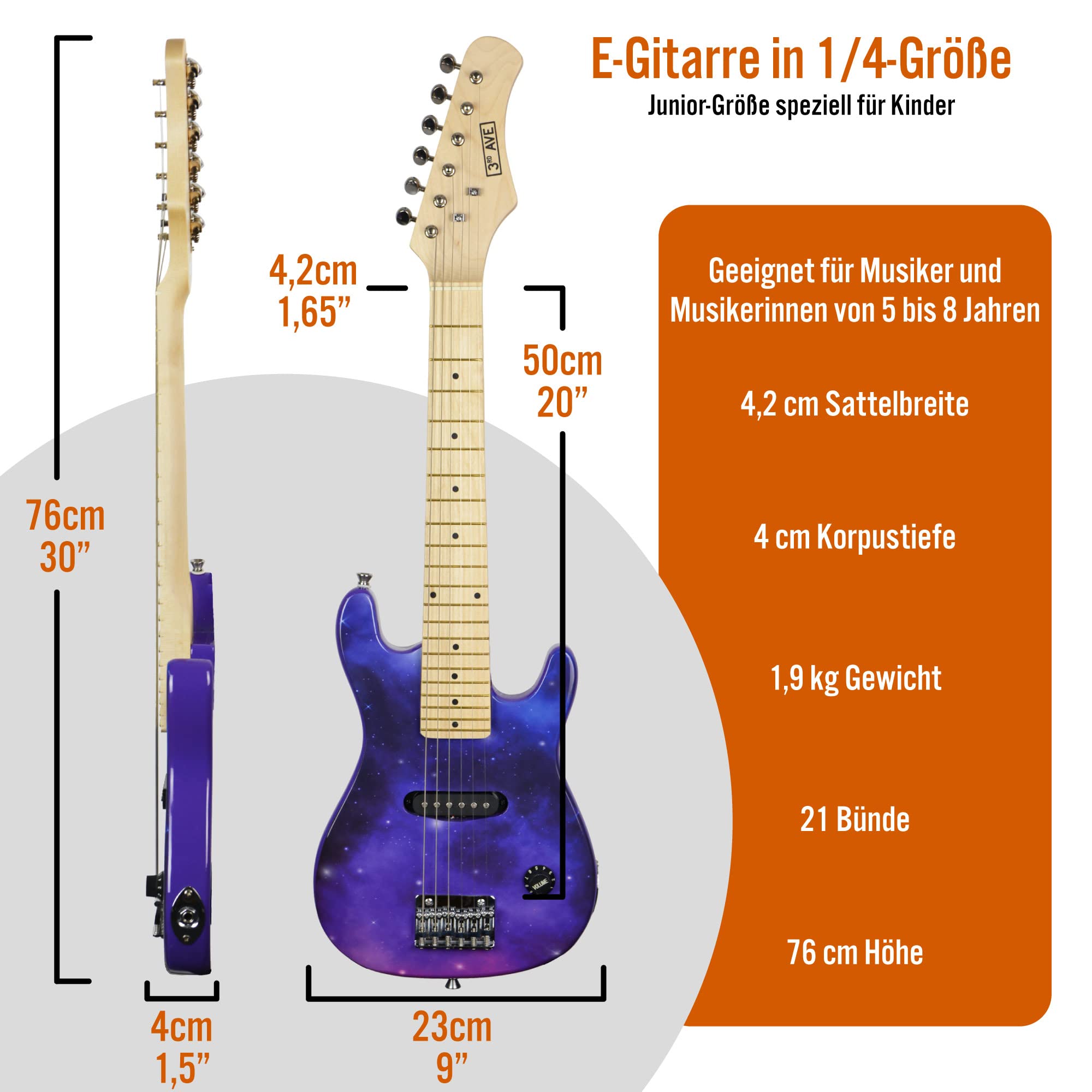 3rd Avenue E-Gitarrenset für Kinder in 1/4-Größe, Junior-Gitarre für Anfänger – mit tragbarem Verstärker mit 5 W, Kabel, Tasche, Plektren und Gurt – in Lila Galaxie