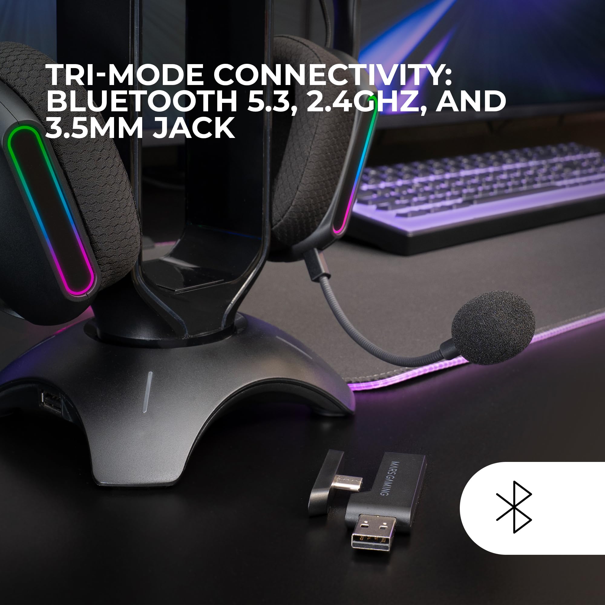 Mars Gaming MHW-PRO, Kabelloses Gaming-Headset ARGB Flow, 3D Surround Sound 7.1, Bluetooth 5.3 + 2.4GHz + 3,5-mm-Klinke, Ultraleichtes Ergonomisches Design, Duales Mikrofon, Multiplattform, Schwarz