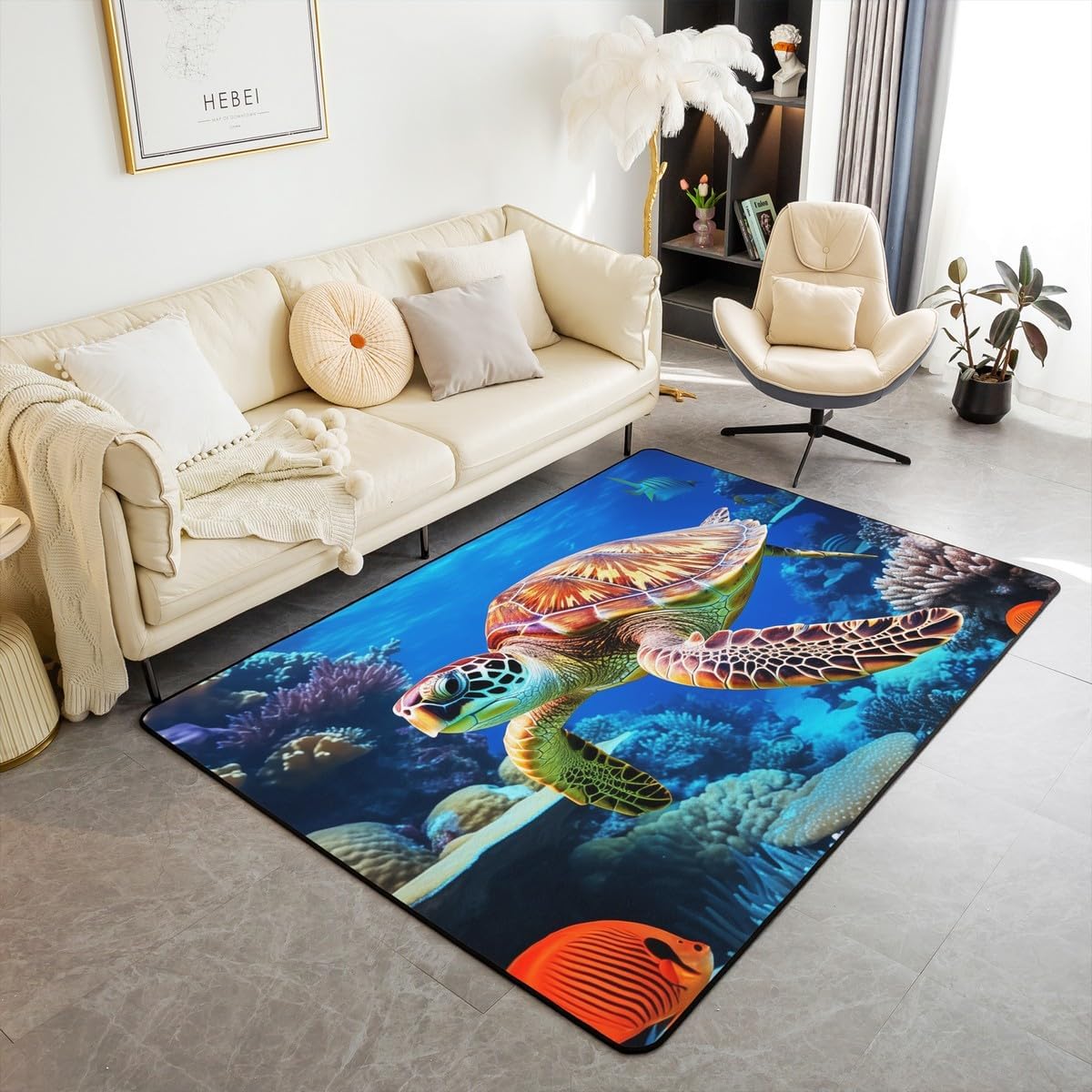 Erosebridal Ocean Animal Area Rug for Kids Teens,3D Turtle Print Carpet 5x7,Ocean Fish Seaweed Indoor Floor Mat Non Slip,Underwater World Decorative Rug for Home Decorative