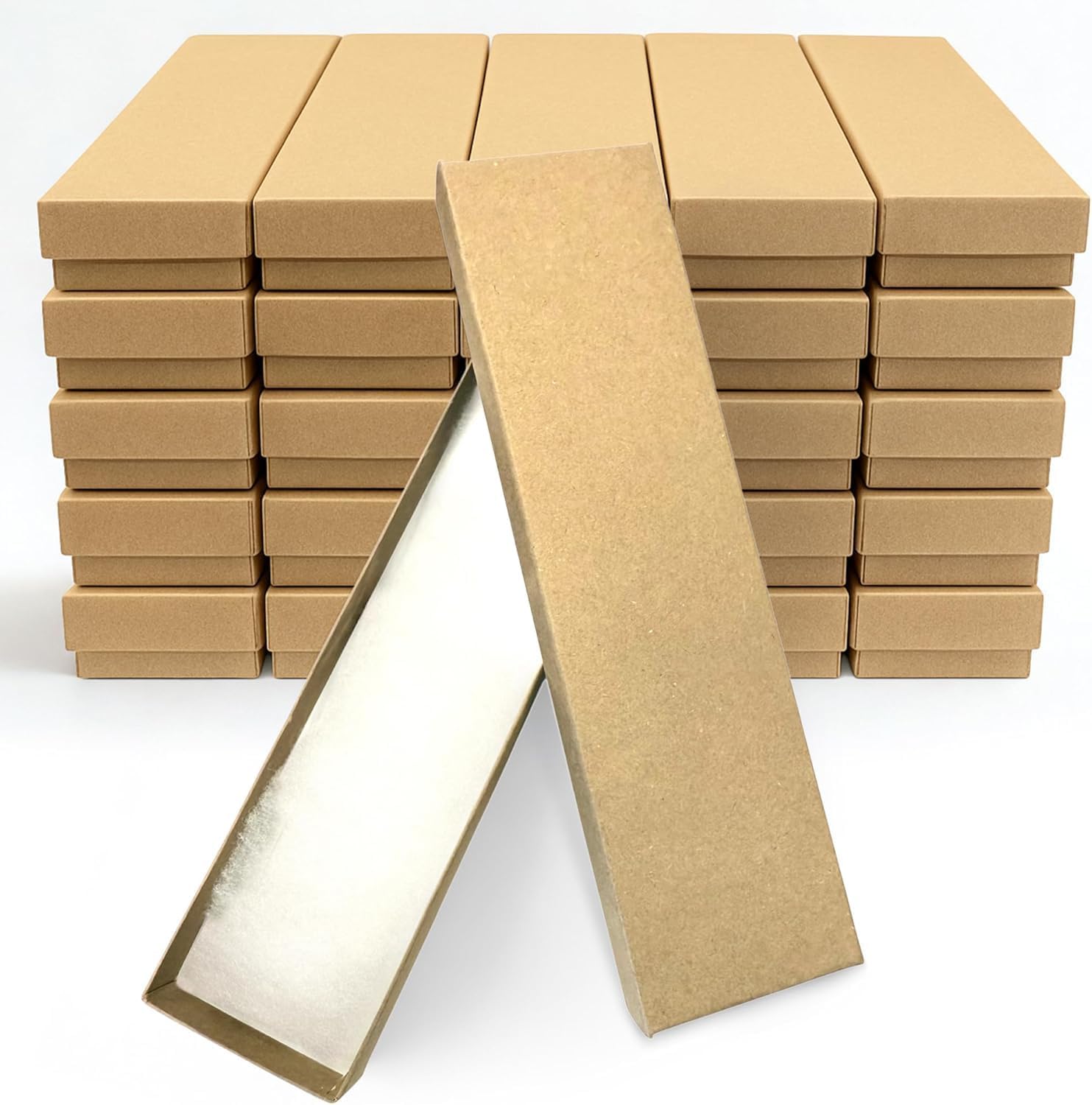 RJ Displays 20 Brown Kraft Cotton Jewelry Boxes – Small Gift Boxes for Jewelry, Bracelet and Necklace Storage, Anklet Packaging, Bulk Jewelry Gift Box Size 8" x 2" x 1" (203 x 51 x 25 mm)