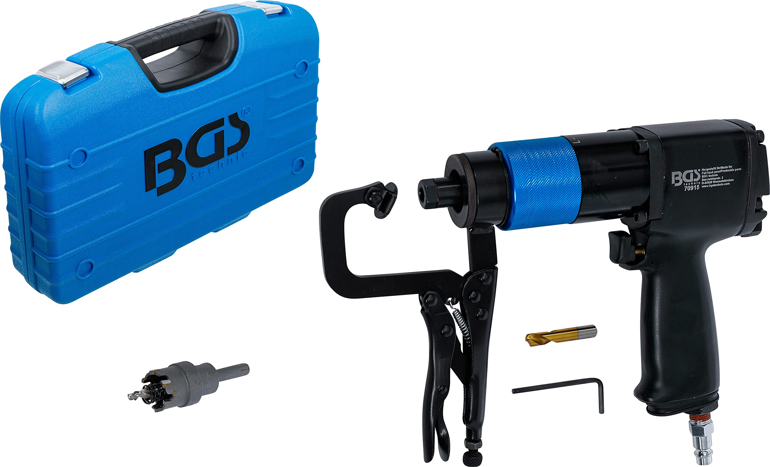 BGS 70915 | Juego quita-puntos de soldadura neumático | Mandril de 8 mm | 6 velocidades | Abrazadera de sujeción extraíble | para brocas HSS y TCT | máx. 6,2 bar