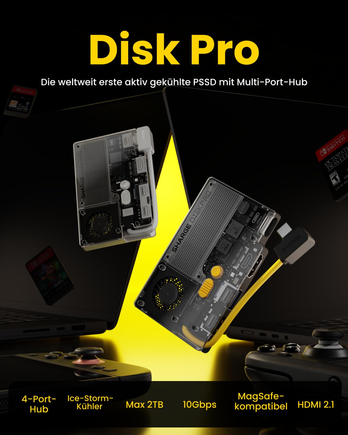 sharge Disk Pro 1TB Tragbare SSD mit Aktivkühlung, 4-Port Hub mit HDMI 2.1, USB-C 10 Gbps Kabel, Magnetische Externe SSD für MacBook, PC, PS5, Steam Deck