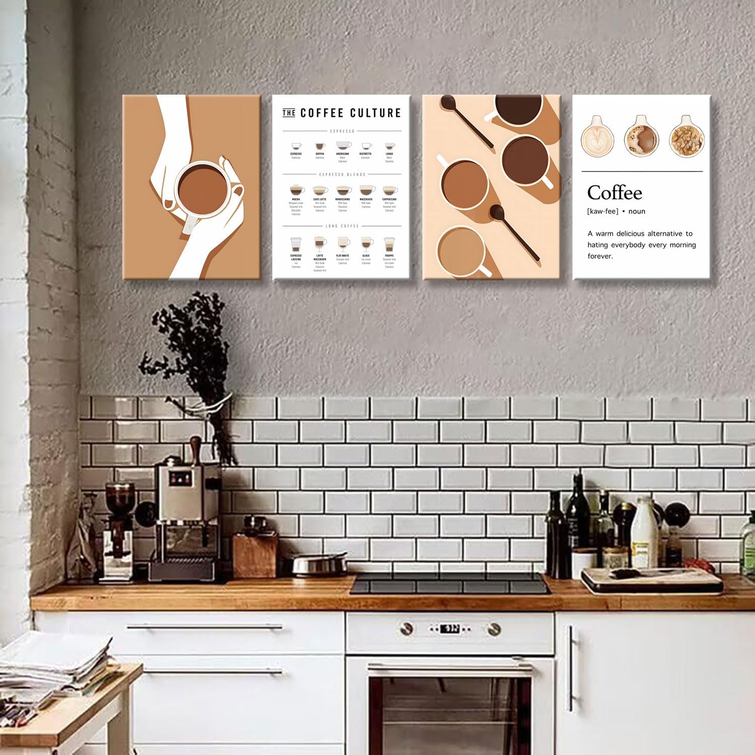 NCYEL 4pcs Modern Minimalist Coffee Wall Art Kitchen Coffee Shop Pictures Simple Home Decor Aesthetic Posters Neutral Brown and Beige Bar Decor 12x16 Inch Brown Coffee unframed 12 x 16 Inch