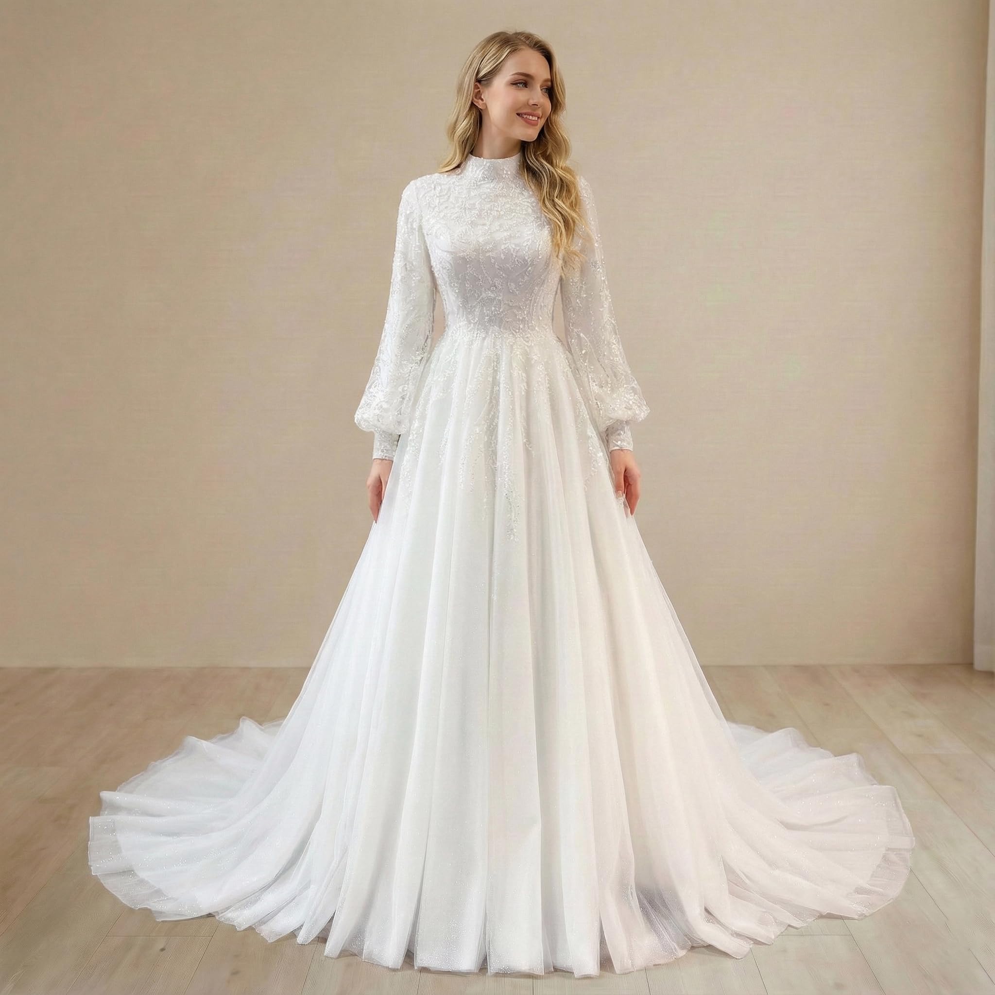 Robe de mariée Musulmane à Manches Longues Robe de Mariage Modeste à Perles pour la mariée Musulmane BA-MU1246