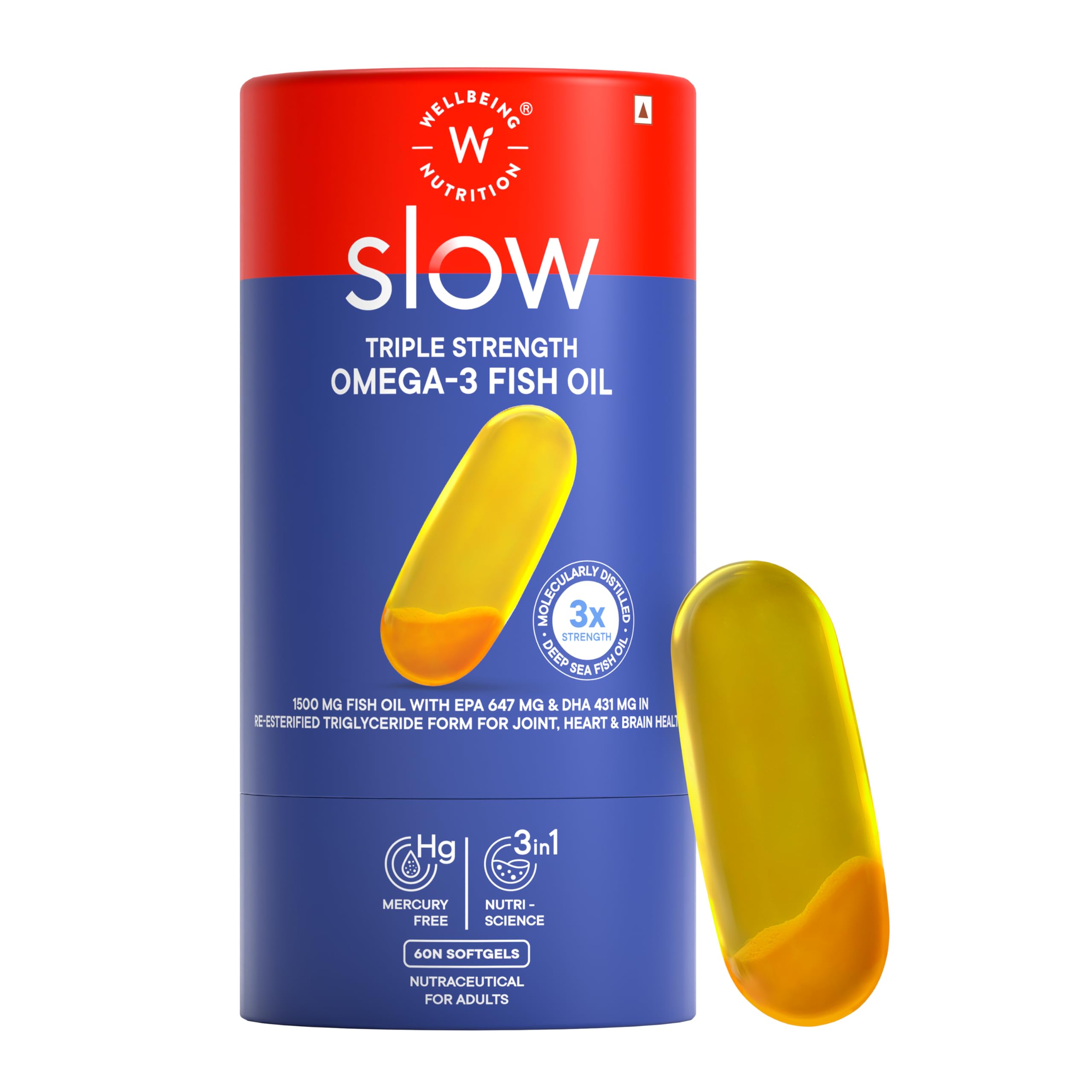 WELLBEING NUTRITION Slow 3X Strength Omega 3 Fish Oil Capsules |1500mg with EPA 612mg, DHA 408mg with Curcumin | Supports Heart, Brain & Joint Health| 60 Softgel