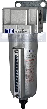 HEAVY DUTY INDUSTRIAL RATED HIGH FLOW PARTICULATE FILTER, IN-LINE WATER TRAP FOR COMPRESSED AIR LINE SYSTEMS, 5 MICRON WITH METAL BOWL AND AUTO DRAIN 1/2" NPT, 5oz