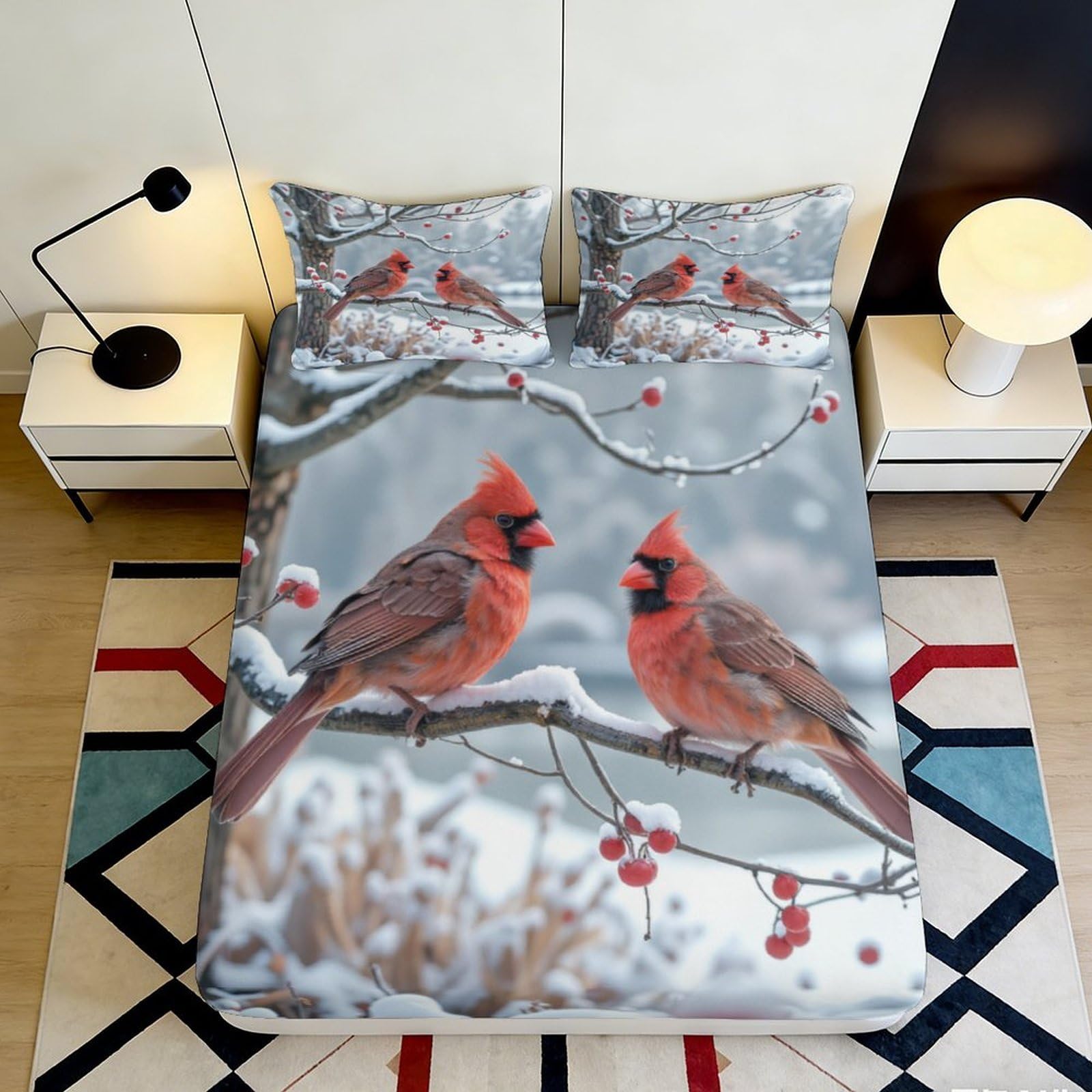 3D Printed Red Cardinal Bird Fitted Sheet Microfiber Winter Berry Branch Bed Cover for Bedroom Guest Room Décor 90x200x25cm