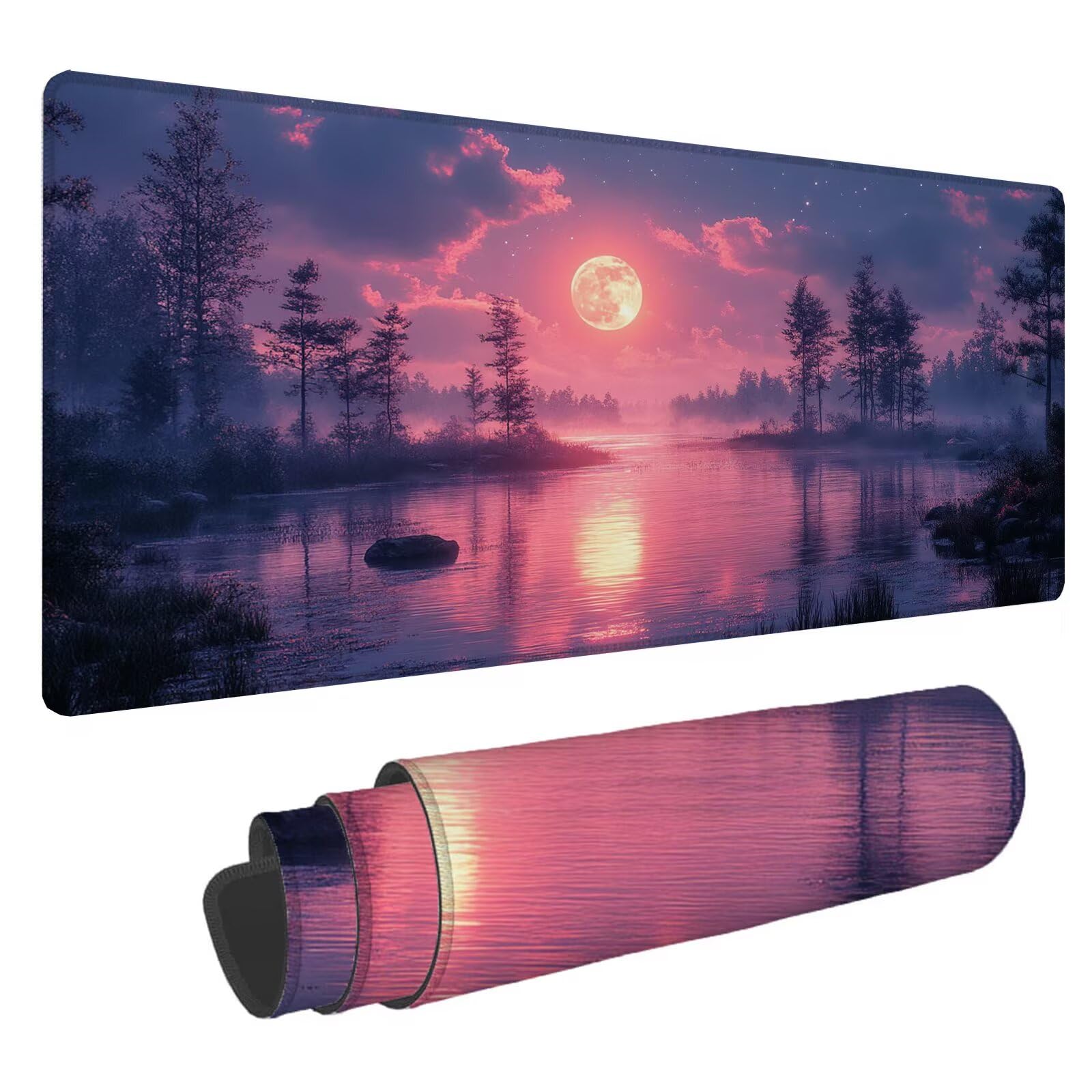 Leśna podkładka pod mysz XXL Księżyc 1600 x 800 x 4 mm Podkładka pod mysz do gier, duża wodoodporna antypoślizgowa podkładka na biurko, podkładka pod mysz szyte krawędzie dla graczy, komputera,
