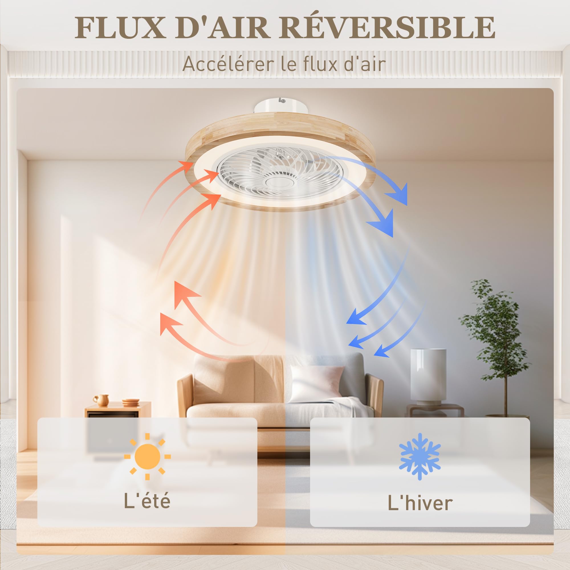 HOMCOM Ventilador de Techo con Luz y Mando a Distancia Ø50cm Natural
