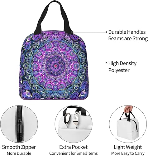 Miniatura 5 de Bolsa de almuerzo con aislamiento floral retro con mandala azul bohemio para mujeres y hombres, reutilizable, duradera, impermeable, bolsa térmica