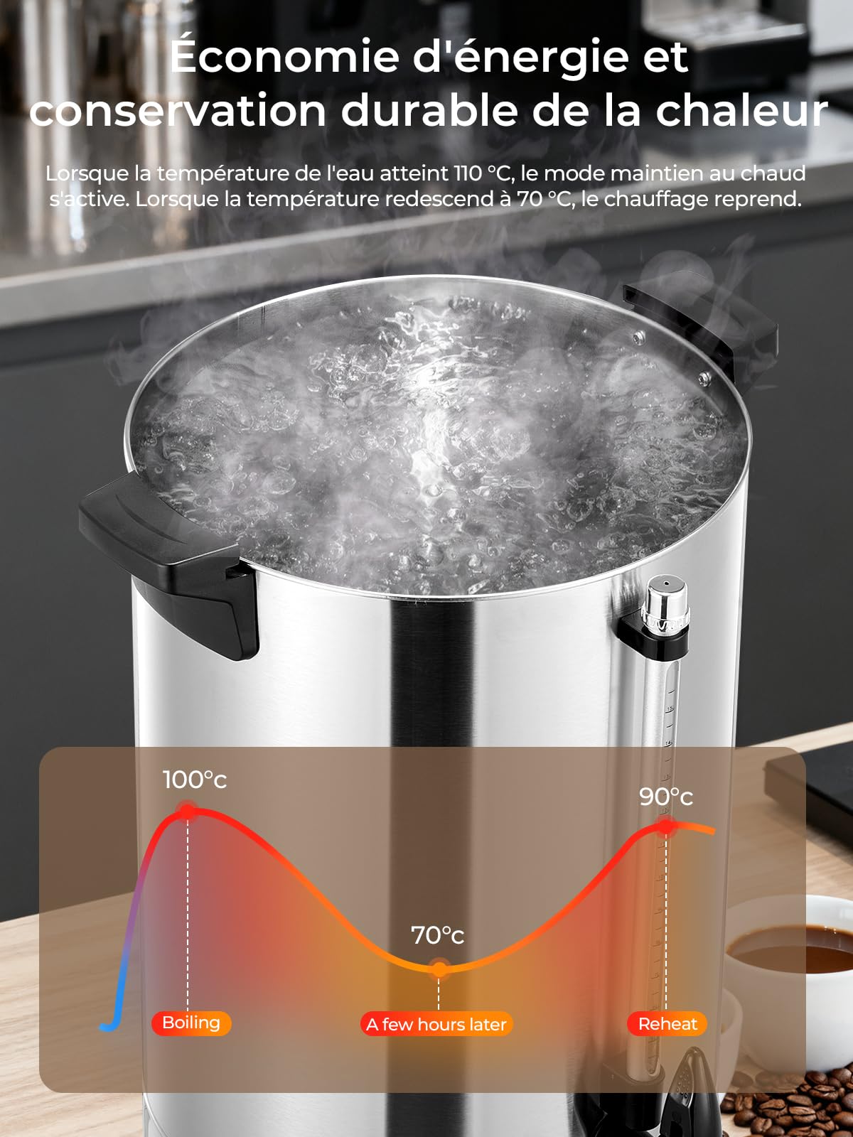 Distributeur de Boissons Chaudes et Vin 10L / 1500W, Autocuiseur Minuteur en INOX Chaud Protection Contre La Surchauffe, 30 à 110 °C, Chauffe-boissons, Appareil Chauffe d'Eau