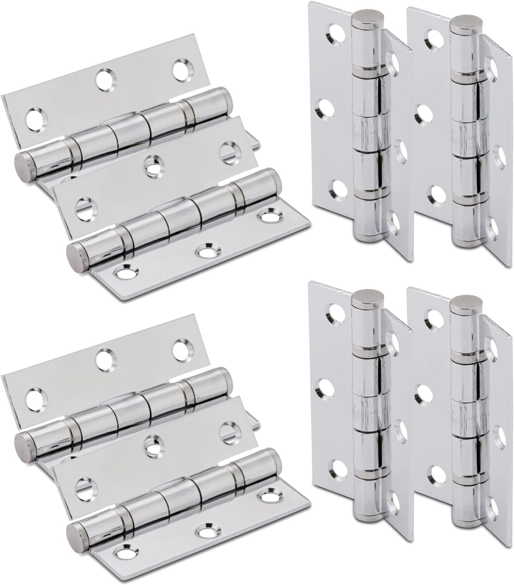 XFORT 3 Inch (75mm) Polished Chrome Ball Bearing Hinges, Steel Door Hinge for Wooden Doors (4 Pairs)