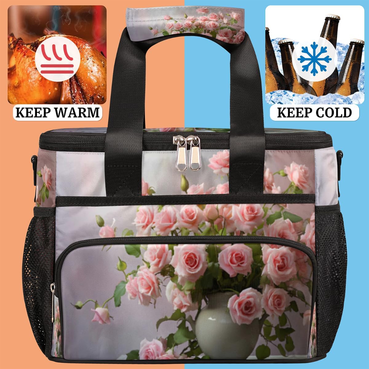 Flowers Insulated Picnic Backpack Lunch Box for Women Men Picnic Basket Tote Lunch Bag Picnic Bag Portable Lunch Bags for Picnic, Beach, Work, Trip,Office, Camp Bouquet of Pinks Roses