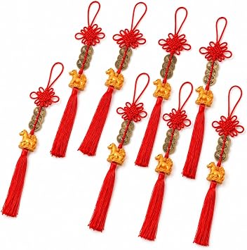 LOGOFUN 8pcs Chinese Lucky Horse Hanging Ornament | With Fengshui I-ching Coins, For Spring Festival, Lunar New Year, Car, Bonsai Decoration