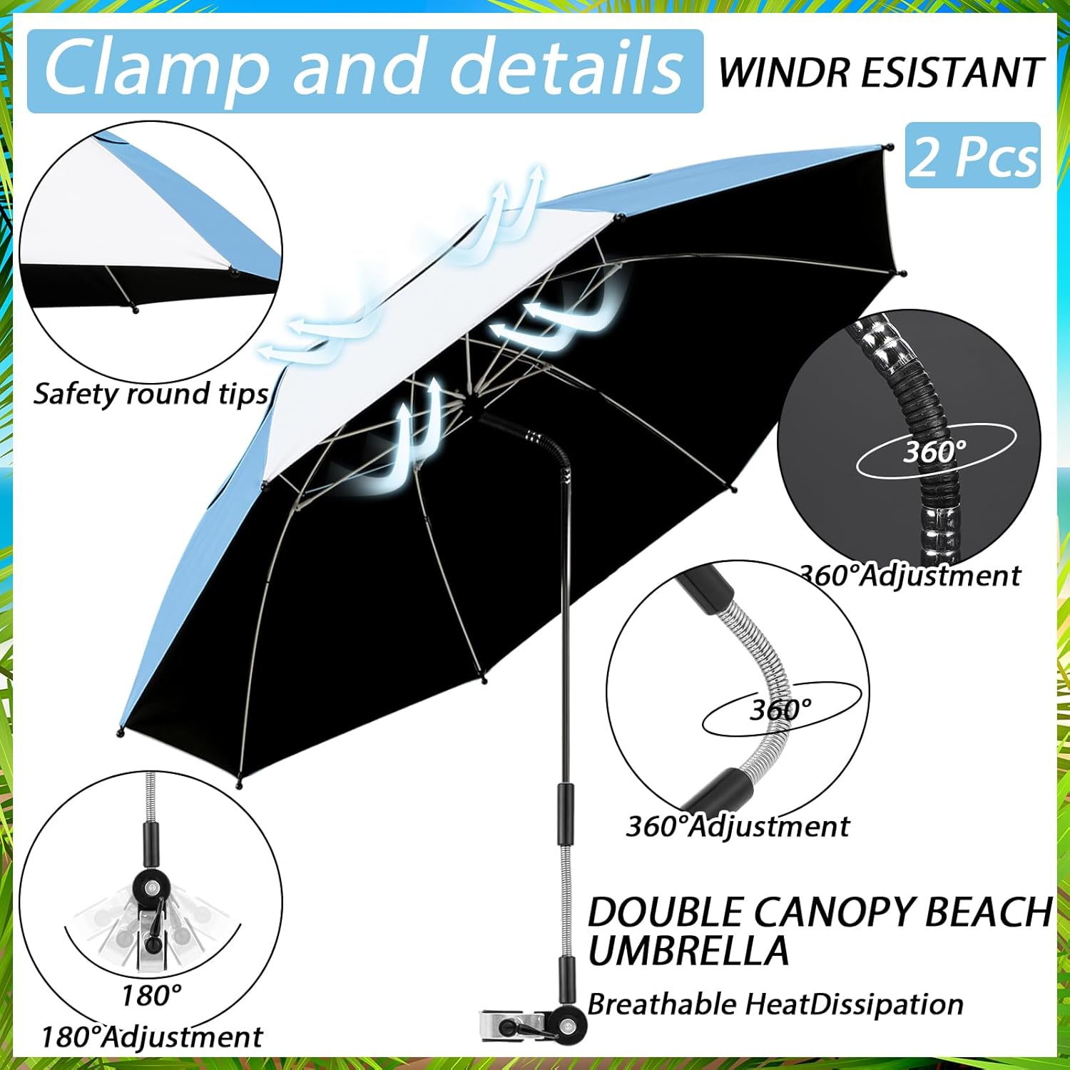 Abbylike 2 Pack 48.6" Double Canopy Umbrella with Clamp UPF50+ Beach Chair Umbrella with Clip 360°adjustable Portable Outdoor Wheelchair Patio Golf Carts Camping
