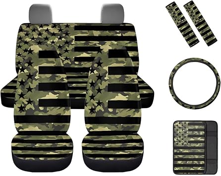 8 Pcs American Flag Theme Car Accessories Set, Car Seat Covers Full Set with Auto Steering Wheel Cover Center Console Pad Seat Belt Covers, Patriotic Decorations