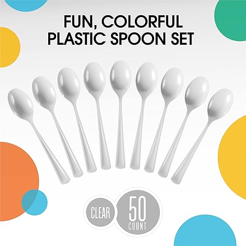 Miniatura 3 de Cucharas desechables de plástico blanco, 50 piezas, cubiertos desechables de plástico blanco resistente, cubiertos desechables blancos, cubiertos de