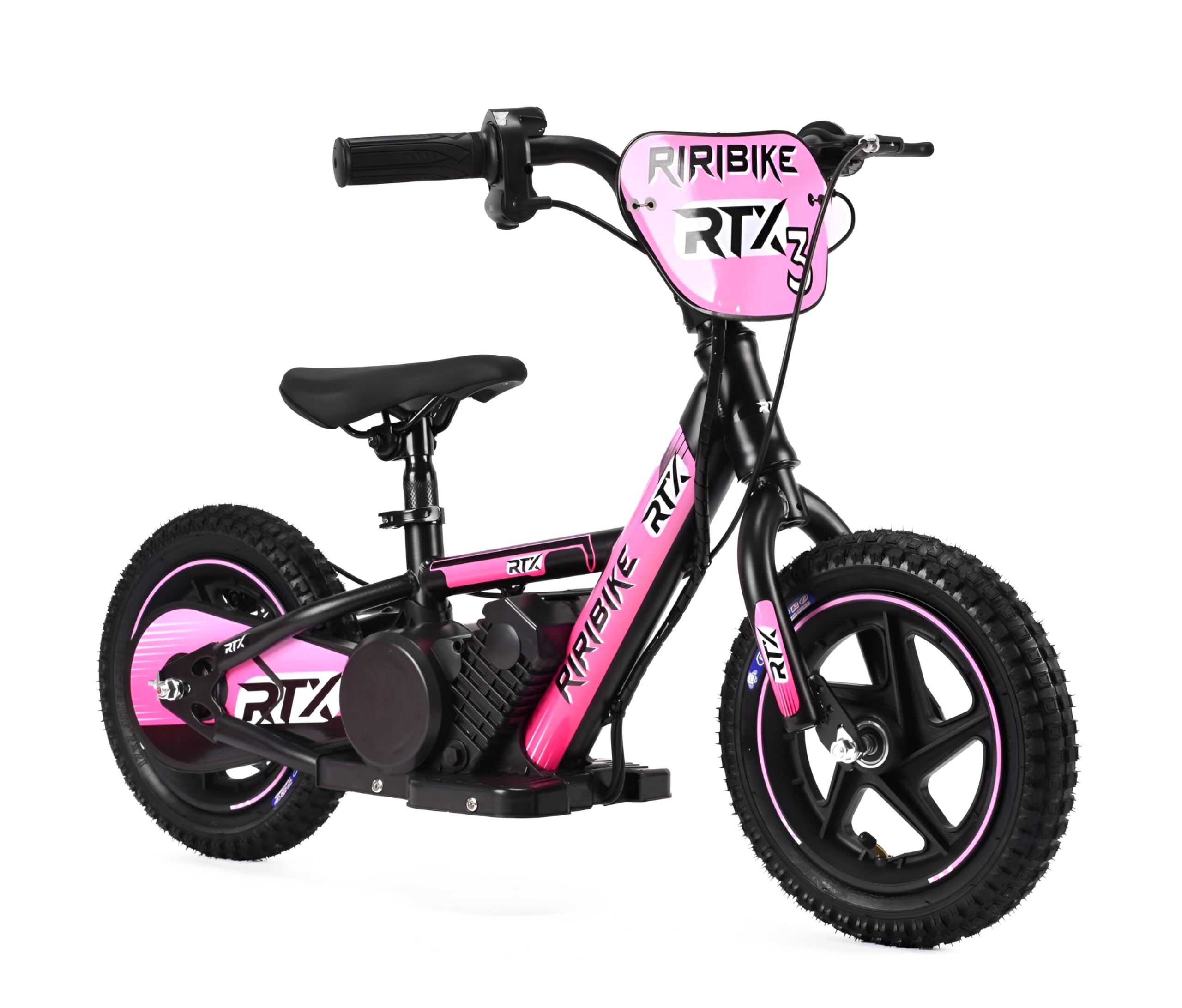 Bici elettrica per bambini RIRIBIKE RTX3 24V (12"), rose, Batteria al litio, Motore 100W, Freno a disco, Sedile regolabile in morbido PU