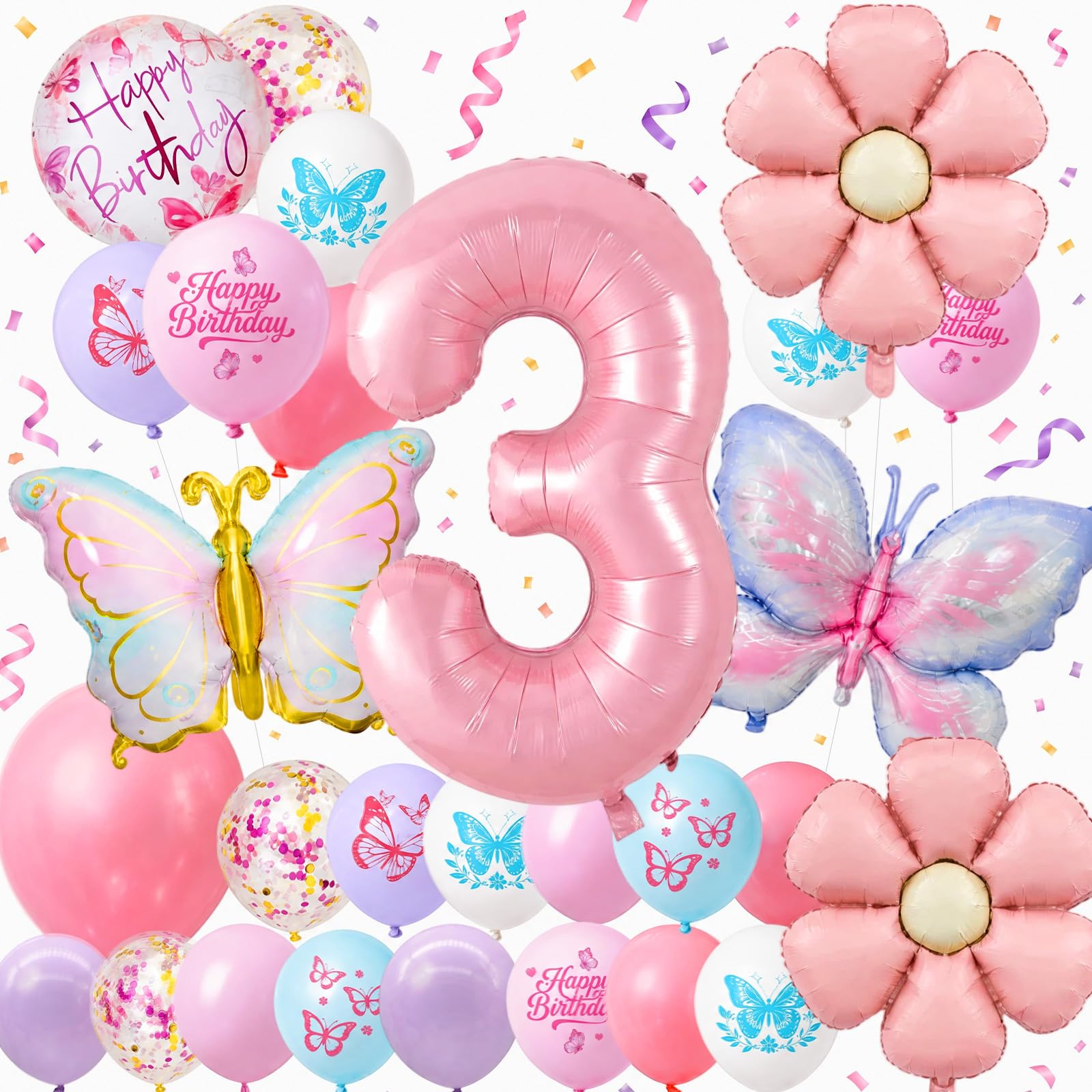 JoyAura Butterfly 3rd Birthday Decorations - 31 Pcs Purple Pink Birthday Balloon Set with Number 3 Butterfly & Flower Foil Balloon, Happy Birthday Party Supplies for 3 Years Old
