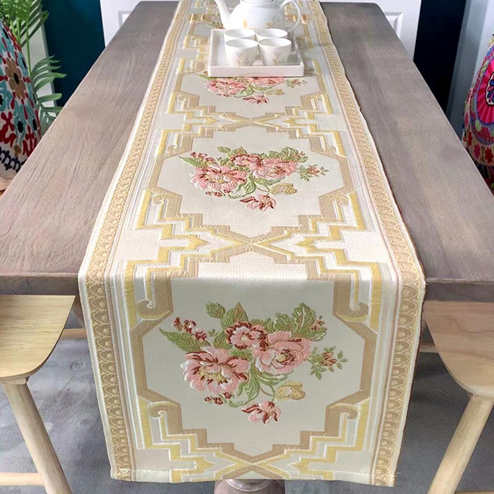 Tischläufer Polyester Wohnzimmer, Tischläufer Hochzeit 35x200 cm, Florale Stickerei Nordisch