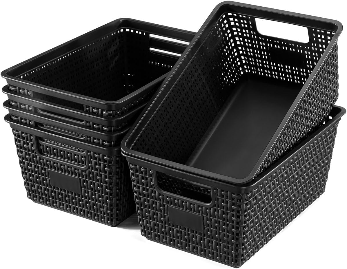 Storage Bins with Lids 6 Pack, Plastic Storage Basket with Bamboo Lids for Pantry Organization and Storage Containers for Shelves Drawers Desktop Closet Playroom Classroom Office Home, Black