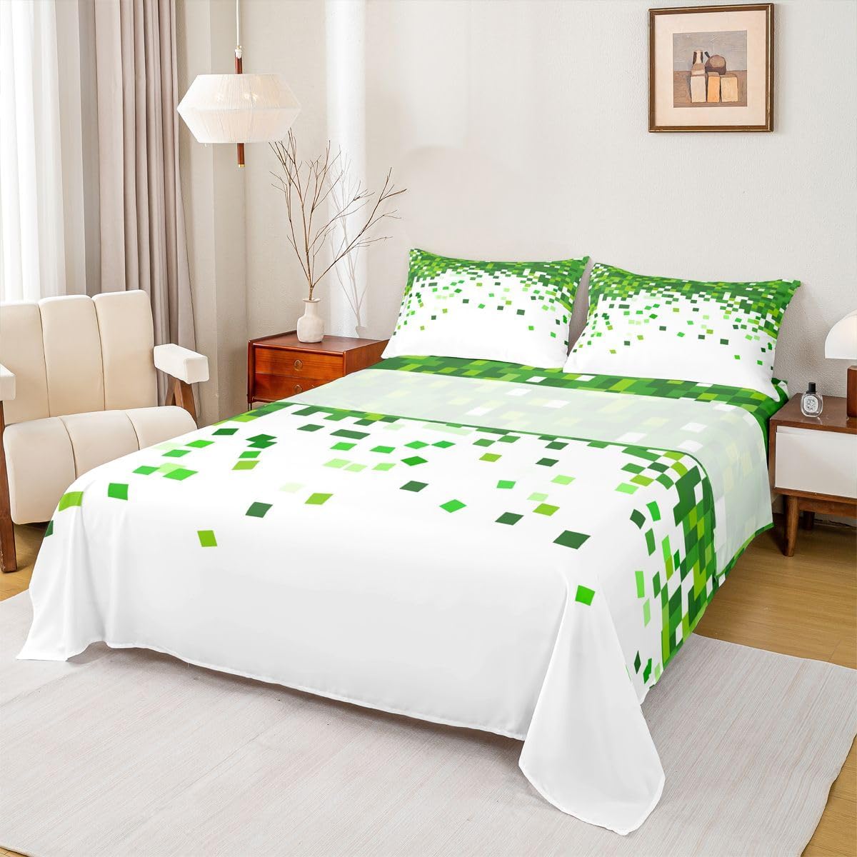 Manfei Pixelated Miners Game Bed Sheets Full Size,Geometric Check Video Games Easy Wash Bedding Set,Gamepad Grid Modern Gaming Boys Girls Room Decor,White Green Sheet(Fitted+Flat+2 Pillowcases)