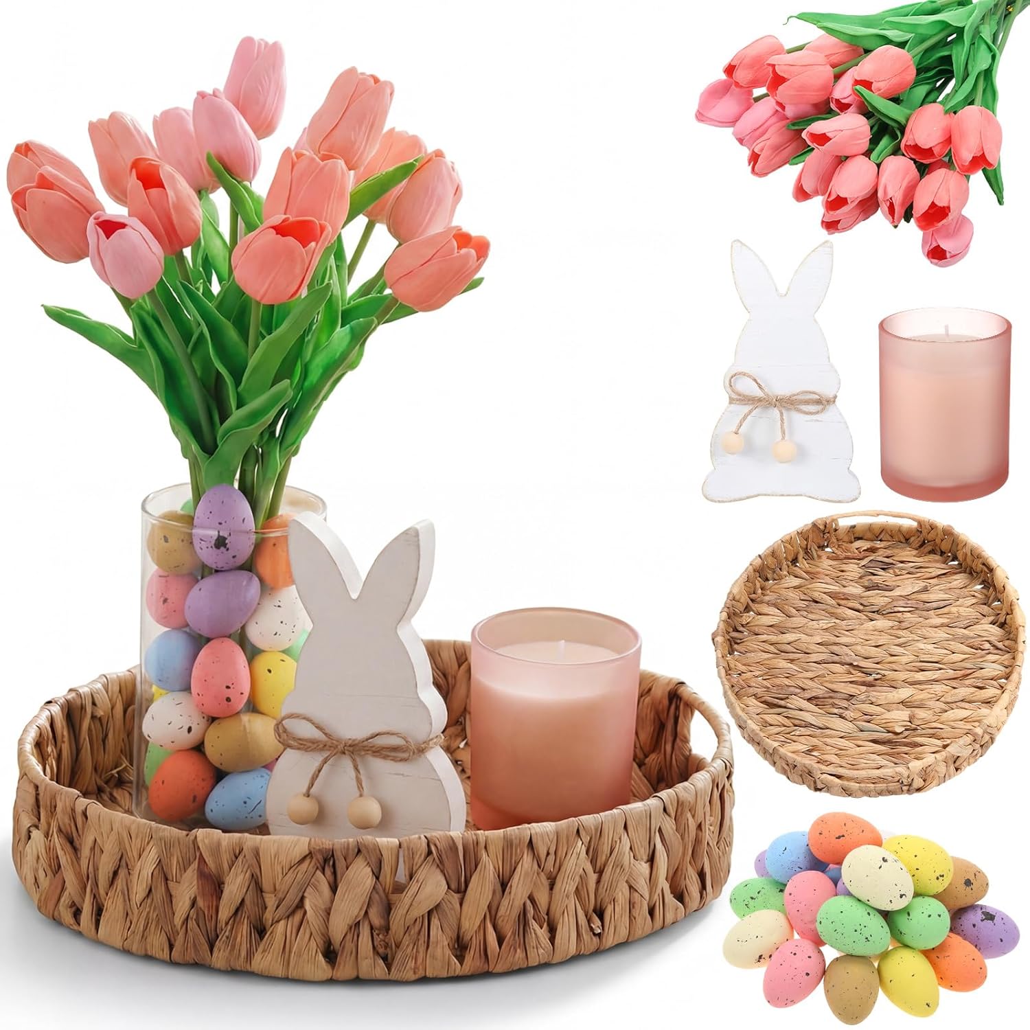Novabright Spring Easter Centerpiece Table Decorations Pastel Eggs Artificial Tulips Wooden Bunny Statue Basket Tray Bowl for Easter Farmhouse Decor for Coffee Table Kitchen Living Room