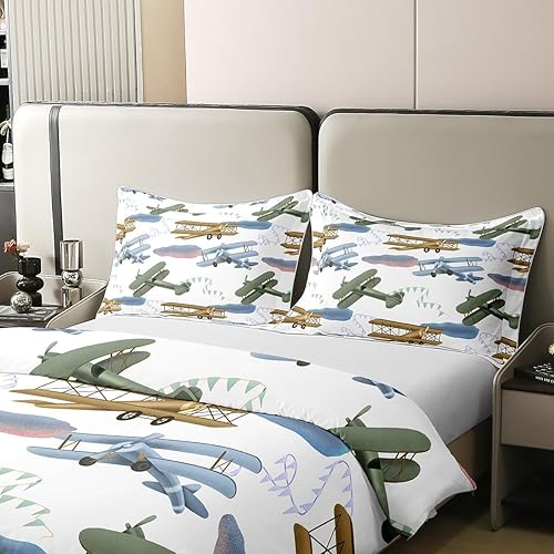 Miniatura 4 de Erosebridal Juego de funda de edredón de 100 % algodón para niños, niños, niñas, helicópteros, aviones, vehículos de transporte militar, funda de