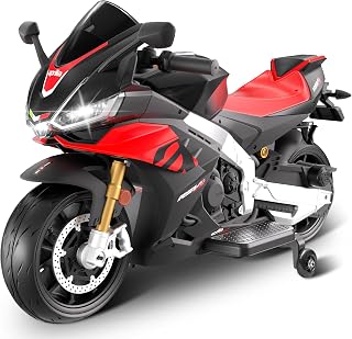 24V 2 Seater Kids Motorcycle, Licensed Aprilia RSV4 with Removable Training Wheels, 200W Motor, Up to 10 MPH, LED Lights, Music, USB, Ride on Electric Motorcycle for Kids 3+, Black