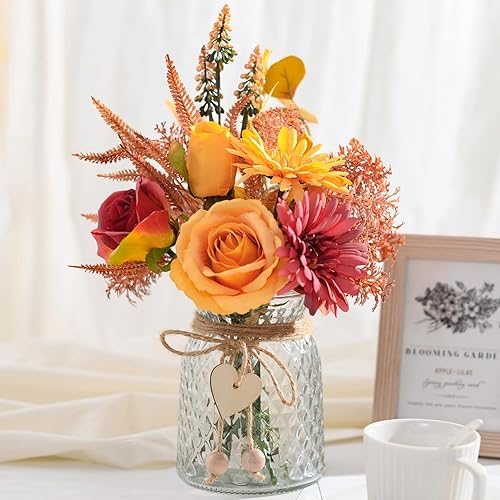 Artificial Flowers with Vase, Faux Silk Flowers Arrangement in Vase,