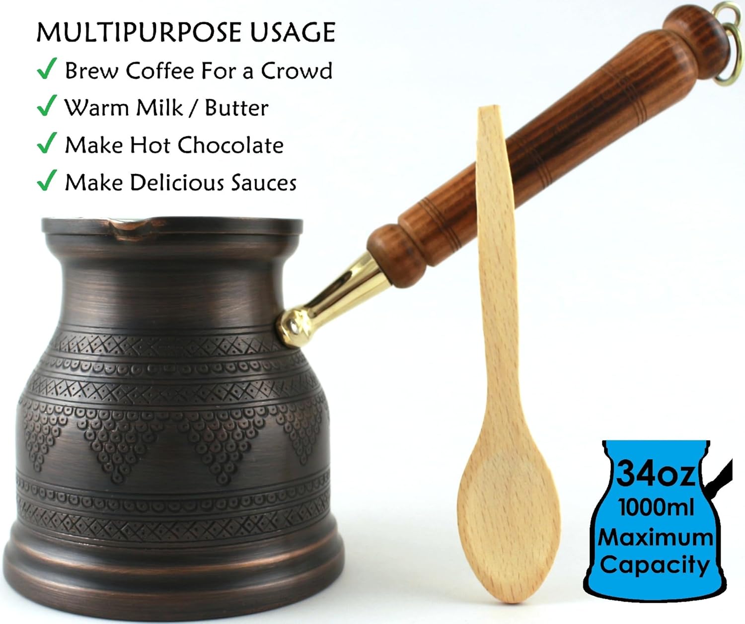 IST Series (XXXLarge) - 1000ml/34 fl.oz, Engraved Copper Turkish Greek Arabic Coffee Pot, Stovetop Coffee Maker, Cezve, Ibrik, Briki, Milk/Butter Warmer, Handcrafted in Turkey (Antique)