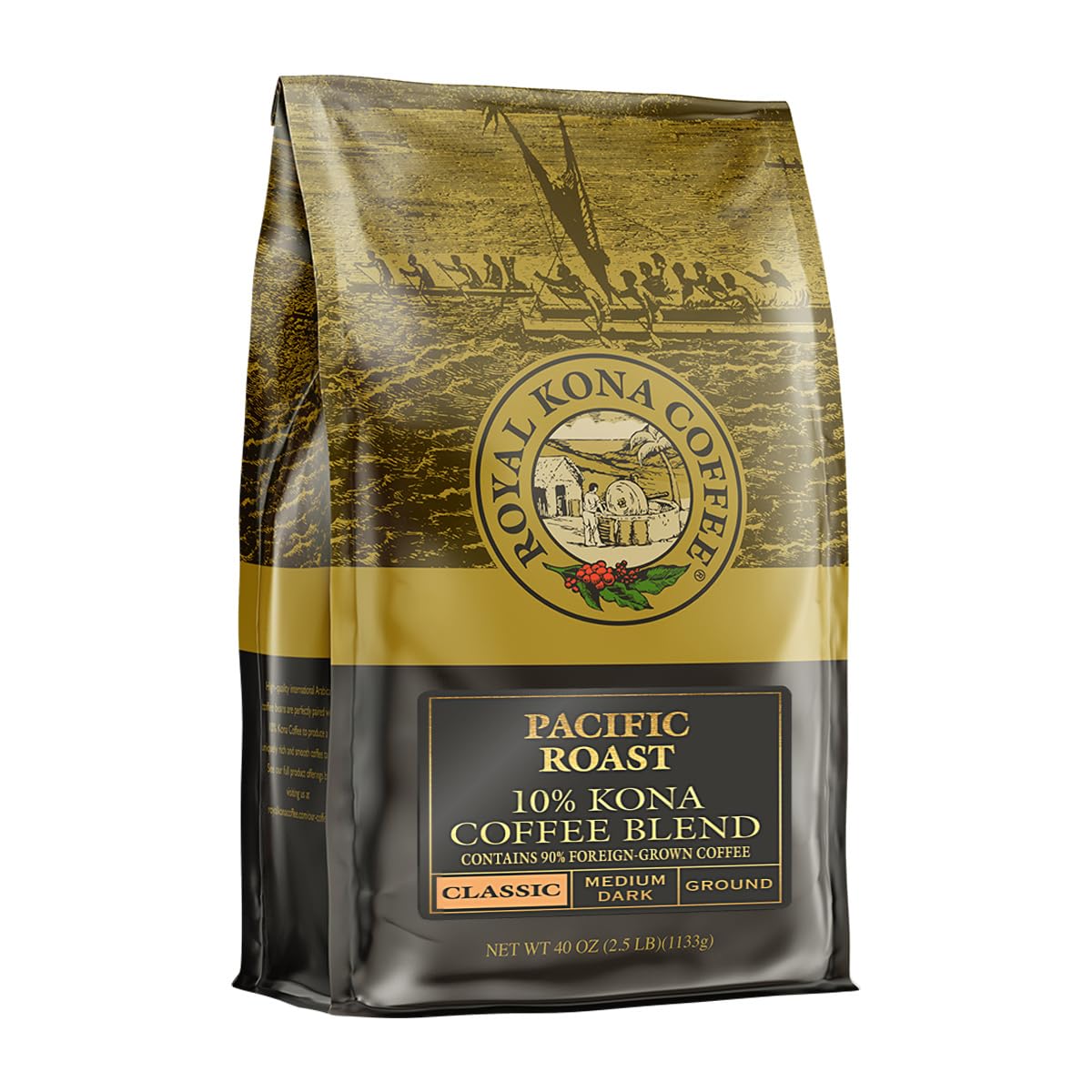 ROYAL KONA COFFEE FOR ROYALTY Royal Kona Coffee - Medium Dark Ground Roast Coffee, Roasted Pacific Flavor by Roy's, 40 Ounces