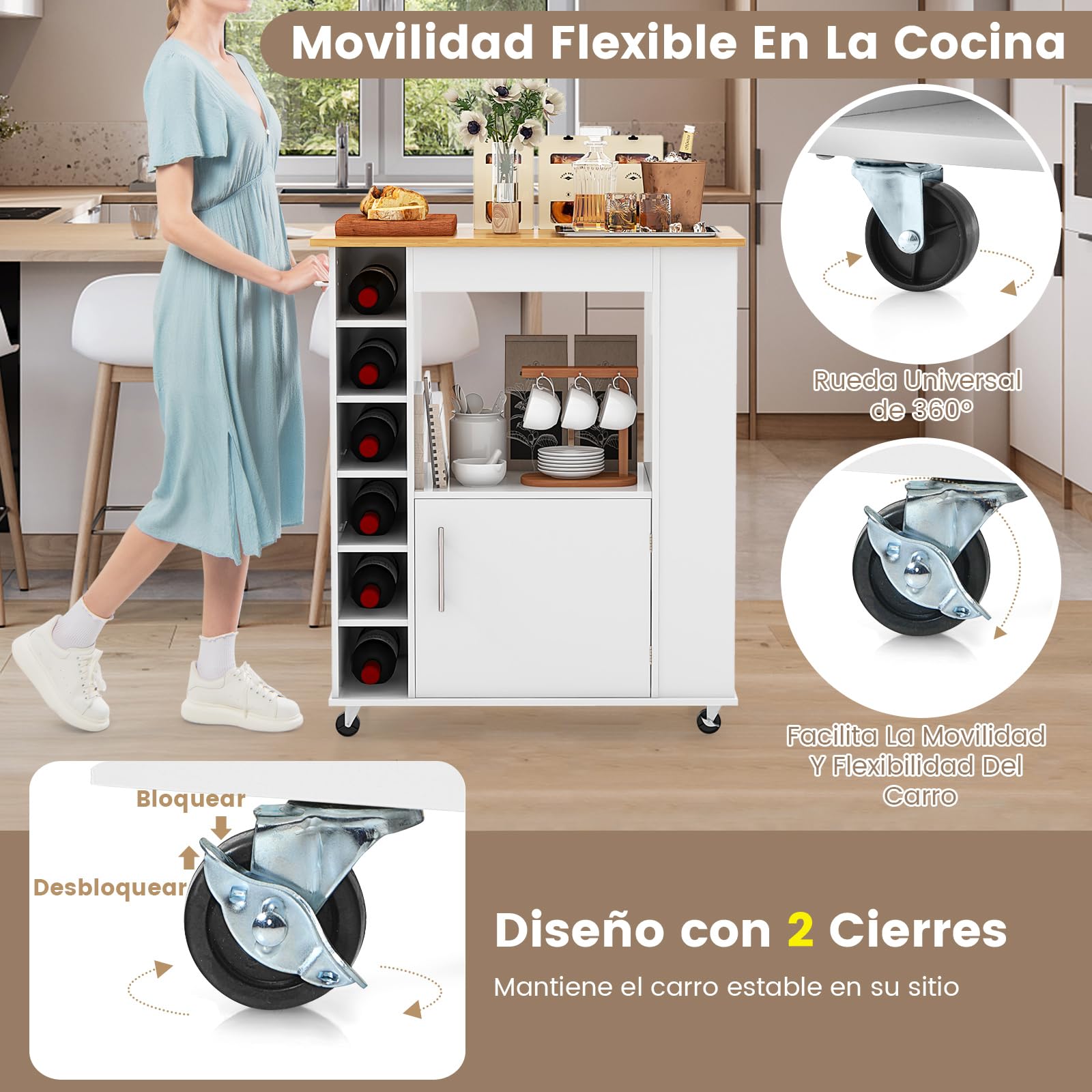 COSTWAY Carro Isla de Cocina con Toallero, Isla de Cocina sobre Ruedas con Tapa de Bambú, Estantes Ajustables para 6 Botellas de Vino, Estante para Especias para Comedor (Blanco)