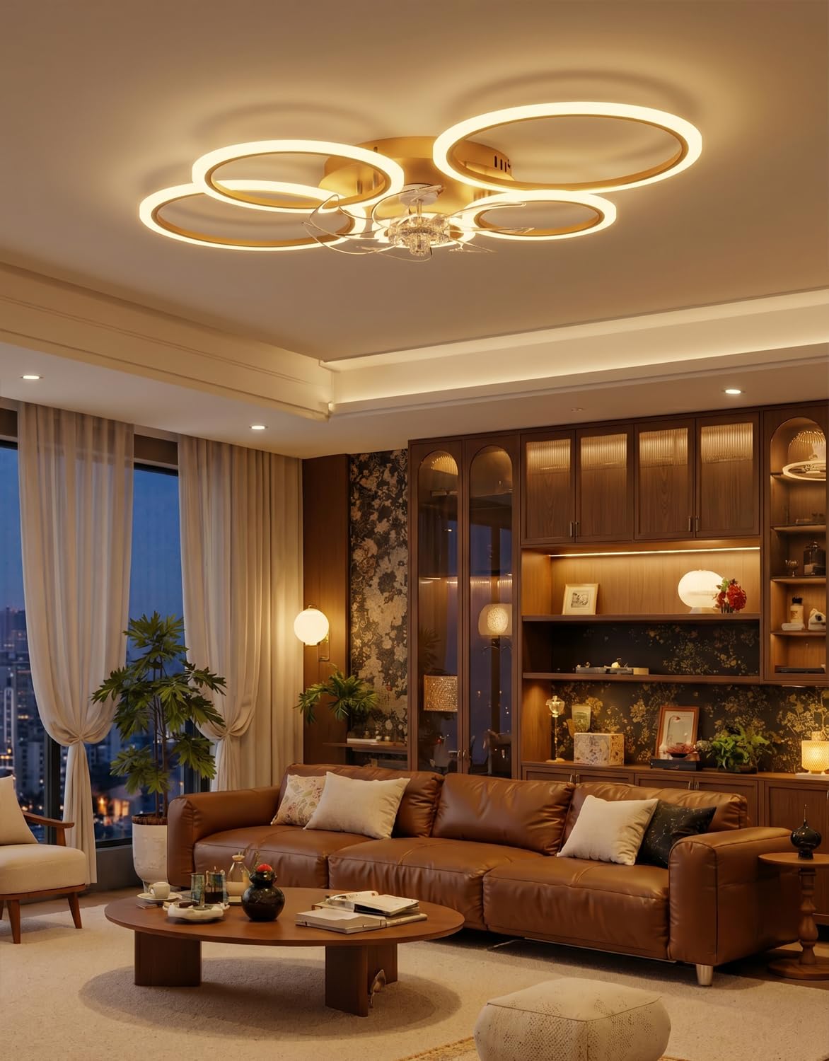 Plafoniera con Ventilatore da Soffitto, Anelli Lampadario Led con Ventilatore da Soffitto, Dimmerabile, Motore DC, Modalità Estate Inverno, Ventola Soffitto con Luce e Telecomando, Oro