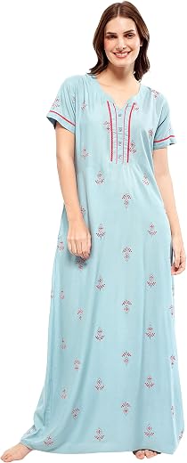 ZEYO Women's Rayon Floral Embroidery Mid Thigh Length Nighty Night gown 5676