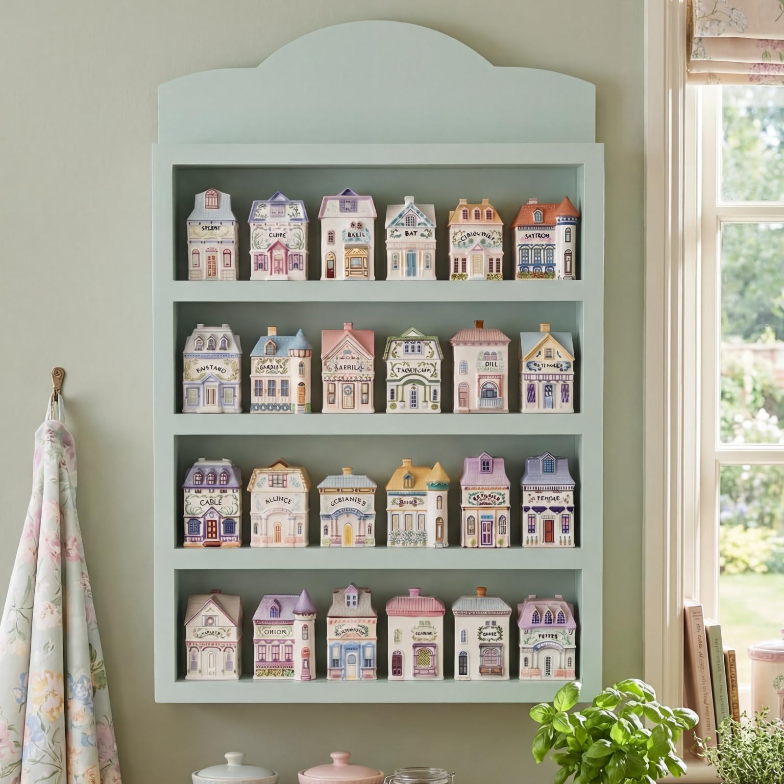 Vintage Spice Village Wooden Rack 22 x 17 x 4 Inches Green Display Rack with 4 Shelves for Wall Mounting Kitchen Storage Spice Village Display Shelf for 24 Jars, Shelf Only